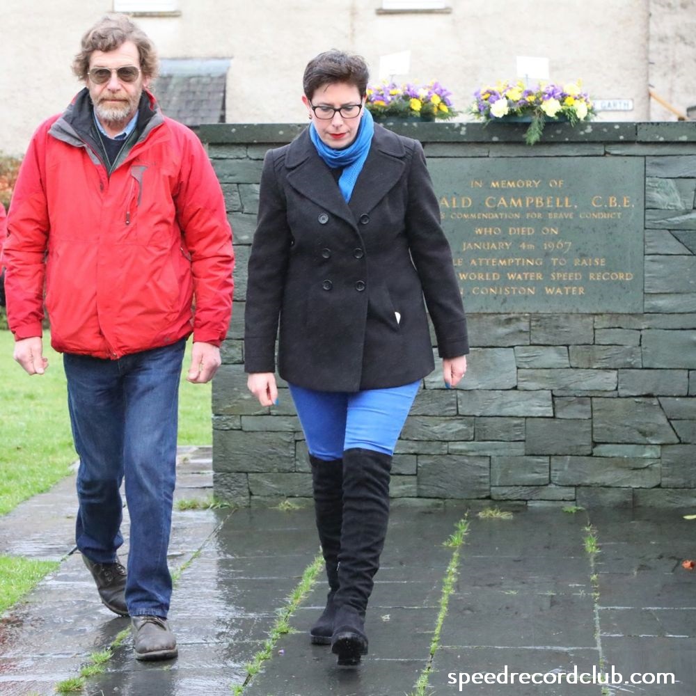 Sophia Dady laying the SpeedRecordClub wreath at the Donald Campbell Memorial on 4th January 2020