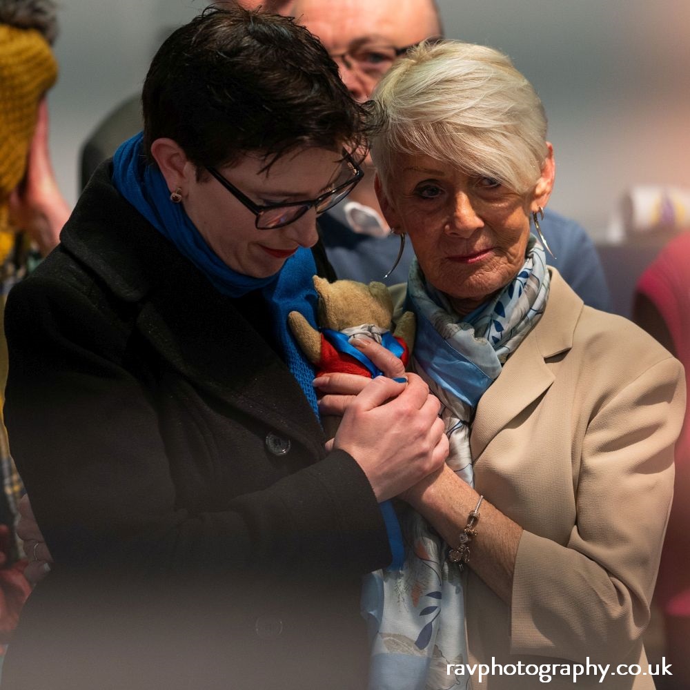 Donald Campbell 53rd Anniversary at Ruskin Museum Original Mr Whoppit held by Sophia Dady and Gina Campbell